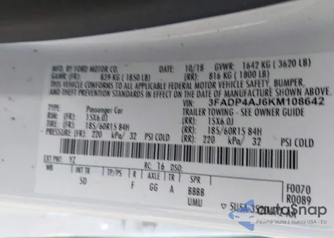 2019 Ford Fiesta S z USA, uszkodzony, nr VIN 3FADP4AJ6KM108642